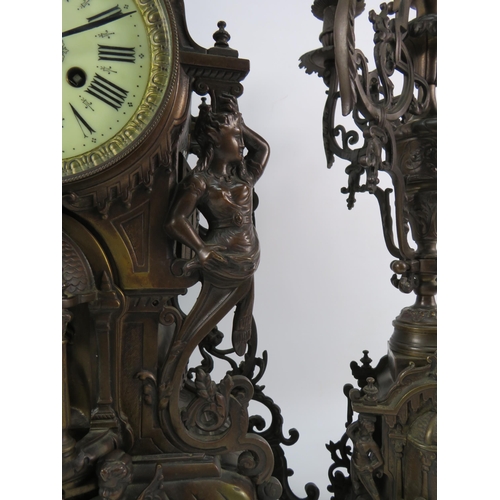 182 - Stunning French late 19th Century Bronze alloy Marti 8 day mantle clock with matching candelabras in... 