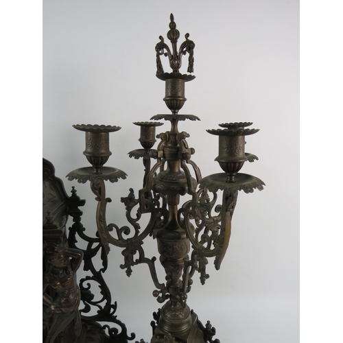 182 - Stunning French late 19th Century Bronze alloy Marti 8 day mantle clock with matching candelabras in... 