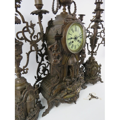 182 - Stunning French late 19th Century Bronze alloy Marti 8 day mantle clock with matching candelabras in... 