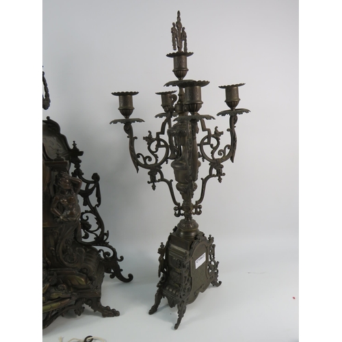 182 - Stunning French late 19th Century Bronze alloy Marti 8 day mantle clock with matching candelabras in... 