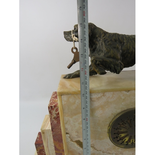 183 - Large French art deco marble mantle clock with bronze alloy gun dog figure to the top, in running or... 