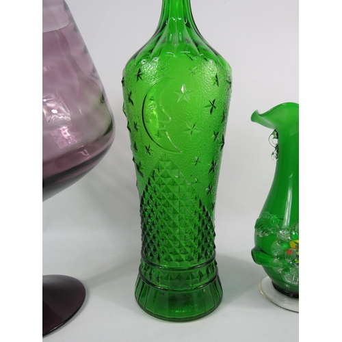 190 - Italian Empoli mould blown glass Genie bottle in the Moon and stars pattern plus a art glass vase an... 