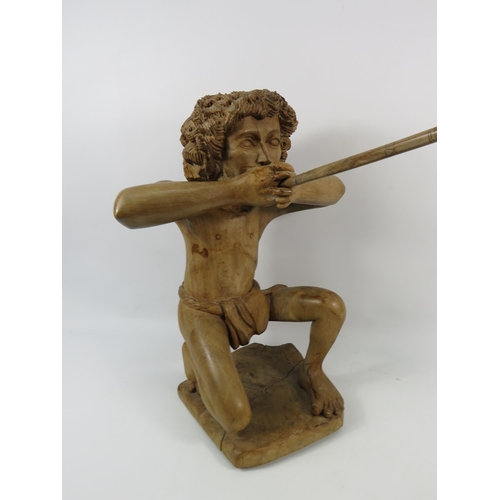 199 - Large Mah Meri tribe wood carving of a hunter and a blowpipe, approx 17.5