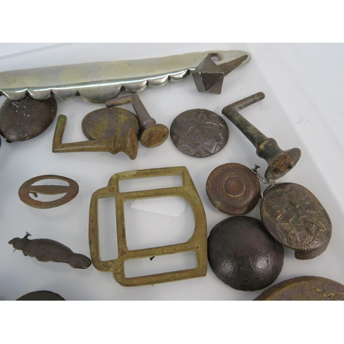 362 - Various antique metal detecting finds relating to horse harness/saddlery including one piece with lo... 