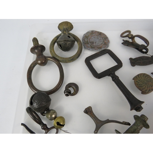 363 - Selection of antique metal dectecting finds relating to Horses, including bells and harness studs et... 