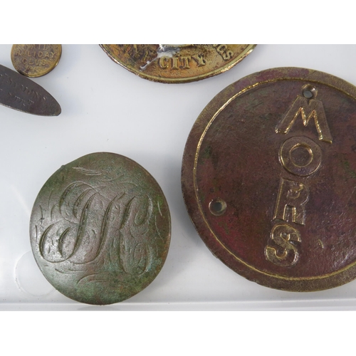 364 - Various antique metal detecting finds plaques and tags, including one from WW1 Ship HMS Minotaur.