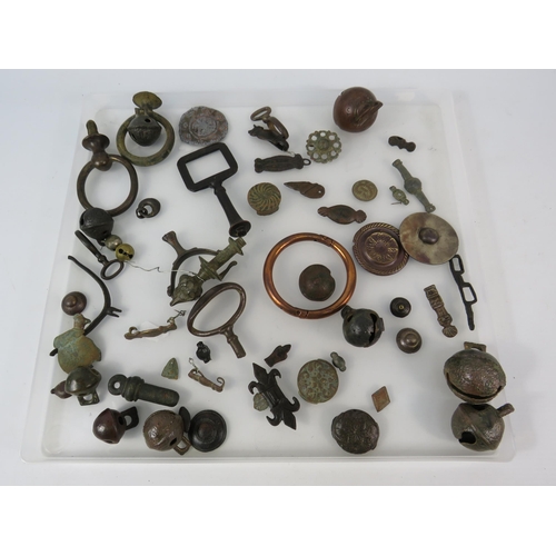 363 - Selection of antique metal dectecting finds relating to Horses, including bells and harness studs et... 