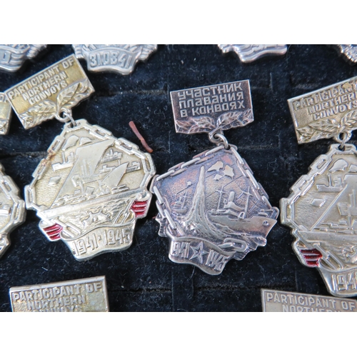 375 - Selection of badges, coins & tokens relating to the Russian allied Convoy Dervish, Russian Navy.