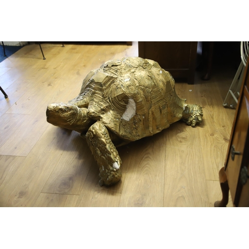 1210 - Large Gold Painted plaster garden tortoise ornament.. Some weather worn parts.  Measures approx 18 i... 