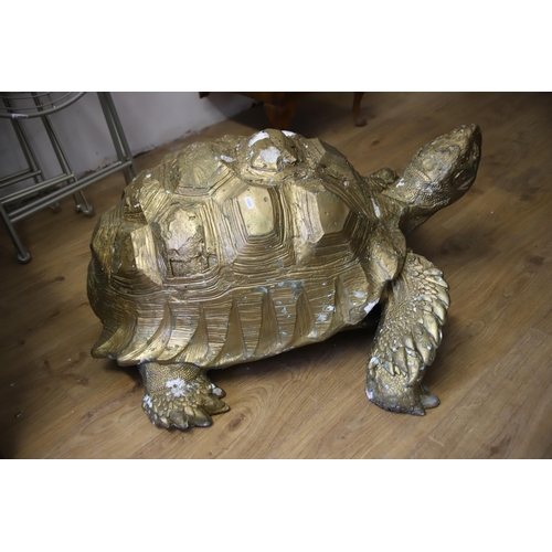 1210 - Large Gold Painted plaster garden tortoise ornament.. Some weather worn parts.  Measures approx 18 i... 