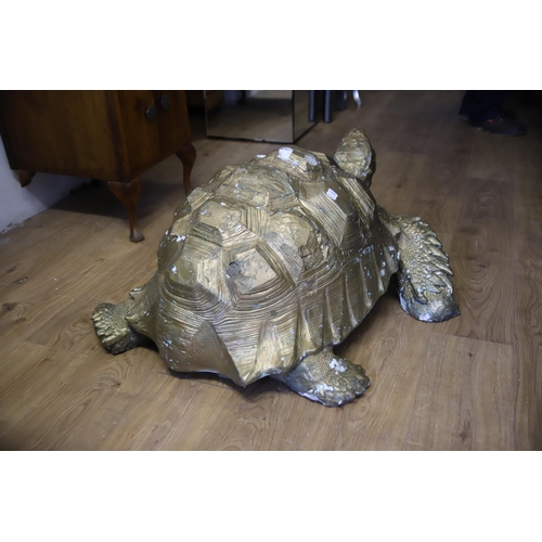 1210 - Large Gold Painted plaster garden tortoise ornament.. Some weather worn parts.  Measures approx 18 i... 