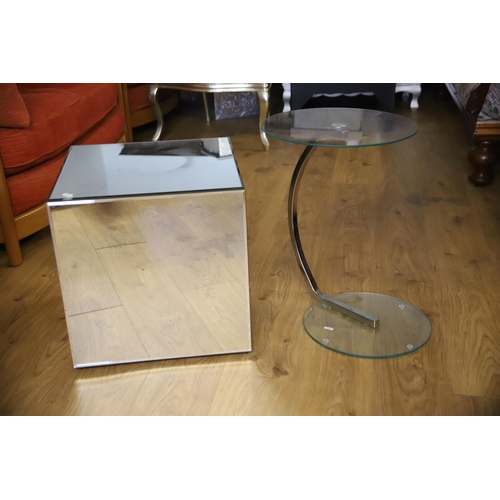 1211 - Cubed side table with stainless steel frame together with a matching Glass topped and bottomed displ... 