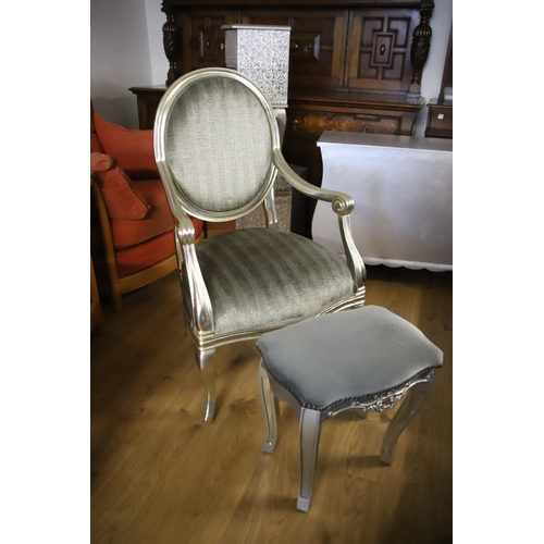 1213 - Silver painted Boudoir chair with matching stool. Both in excellent condition.   See photos.