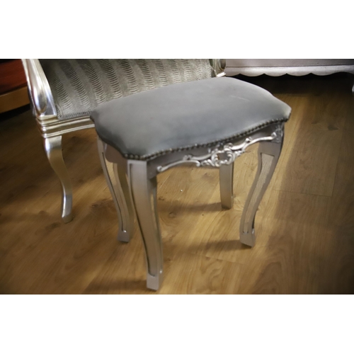 1213 - Silver painted Boudoir chair with matching stool. Both in excellent condition.   See photos.