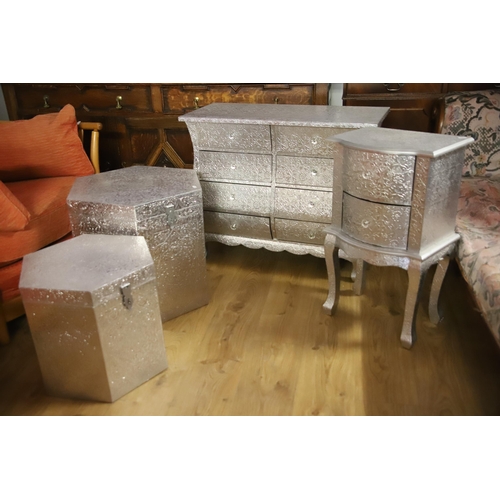 1214 - Four pieces of  Glitzy Boudoir furniture in a Silver painted embossed finish see photos for details