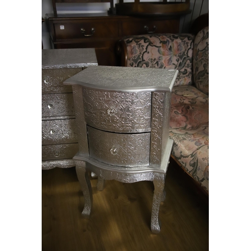 1214 - Four pieces of  Glitzy Boudoir furniture in a Silver painted embossed finish see photos for details