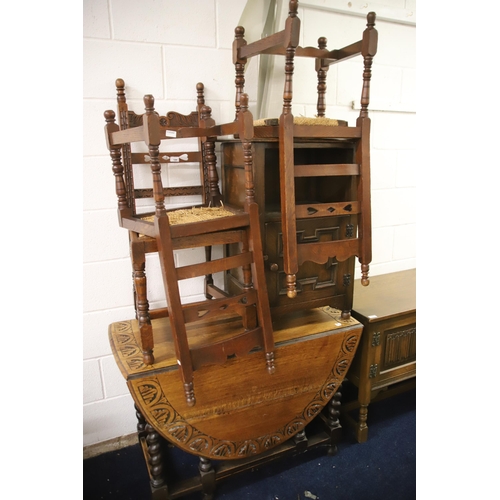 1227 - Good mixed furniture lot of three chairs and one drop leaf table and a pot cupboard.   all in good o... 