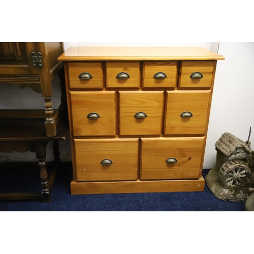 1229 - Useful pine chest of 9 drawers. Dimensions are approx H:45 x W:45 x D:16 inches. See photos.