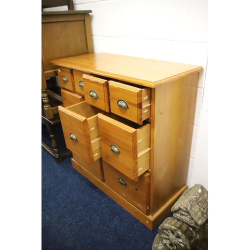 1229 - Useful pine chest of 9 drawers. Dimensions are approx H:45 x W:45 x D:16 inches. See photos.