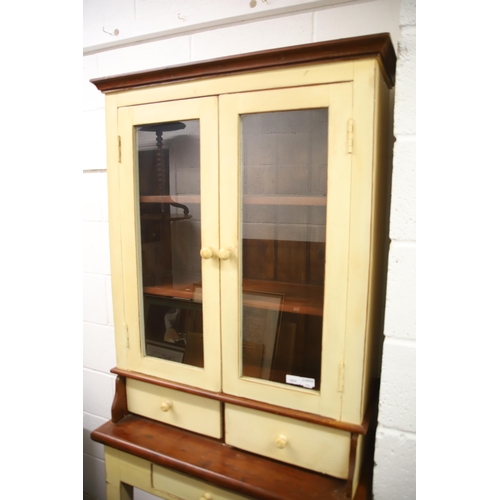 1233 - Chic kitchen dresser in painted pine with glass doors to top.  H:75 x W:33 x D:216 inches. As this i... 