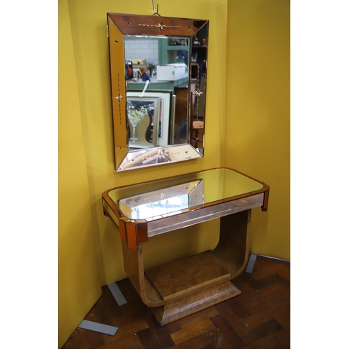 917 - Art Deco Modernist Console table in burr walnut veneer with mirrored top and peach glass attractions... 