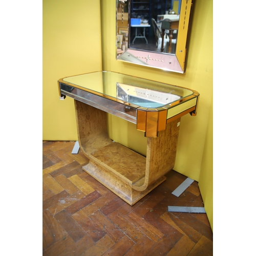 917 - Art Deco Modernist Console table in burr walnut veneer with mirrored top and peach glass attractions... 