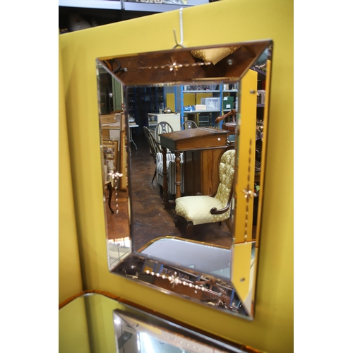 917 - Art Deco Modernist Console table in burr walnut veneer with mirrored top and peach glass attractions... 