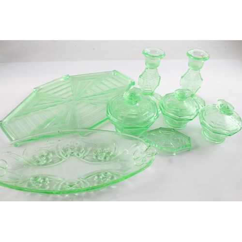 450 - Uranium Glass Set Inc Candlesticks, Cream Pots, Tray Etc 575037