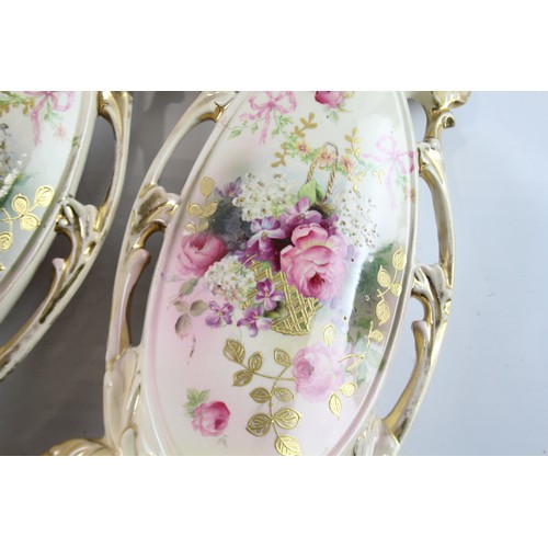 454 - 19th Century Blush Rococo Revival Vases Pair w/ Hand Painted Floral Decoration 440968