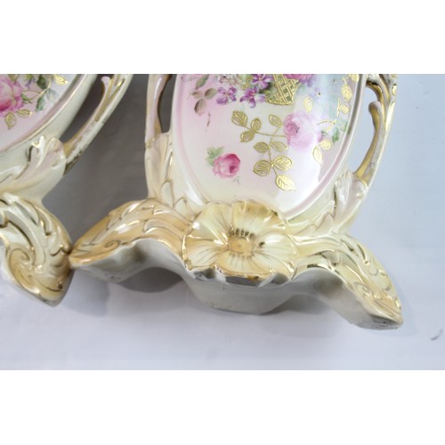 454 - 19th Century Blush Rococo Revival Vases Pair w/ Hand Painted Floral Decoration 440968