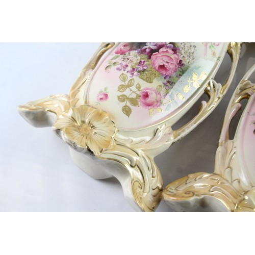 454 - 19th Century Blush Rococo Revival Vases Pair w/ Hand Painted Floral Decoration 440968