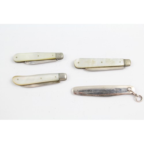 478 - 4 x Antique / Vintage .925 Sterling Silver Pocket & Fruit Knives Inc MOP Etc 47g 657402