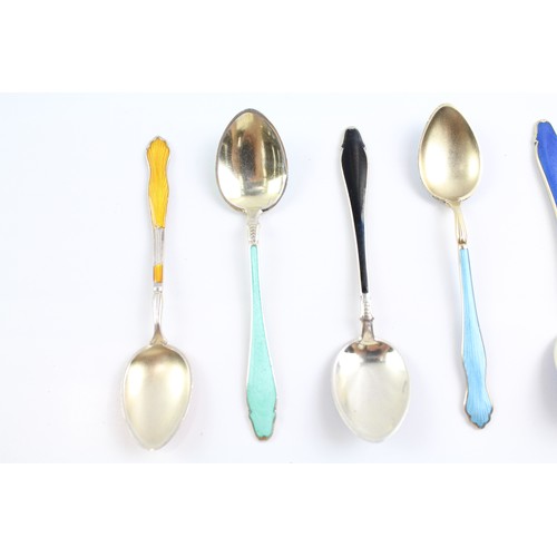 485 - 5 x Vintage .925 Sterling Silver Guilloche Enamel Spoons 56g 2331237