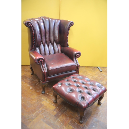 925 - Beautifully upholstered Leather Chesterfield Wing back Chair in very good condition with Matching le... 