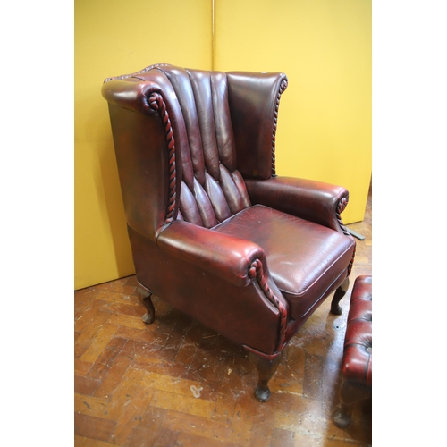 925 - Beautifully upholstered Leather Chesterfield Wing back Chair in very good condition with Matching le... 