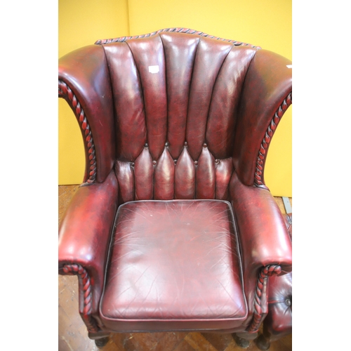 925 - Beautifully upholstered Leather Chesterfield Wing back Chair in very good condition with Matching le... 