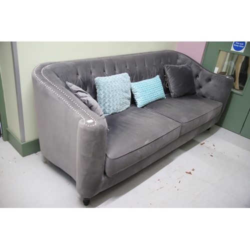 932 - Elegant Chesterfield style Settee in Grey Velour upholstery in very good condition. Measures approx ... 