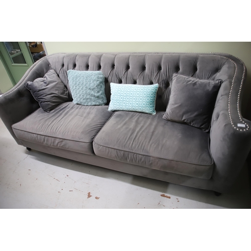 932 - Elegant Chesterfield style Settee in Grey Velour upholstery in very good condition. Measures approx ... 