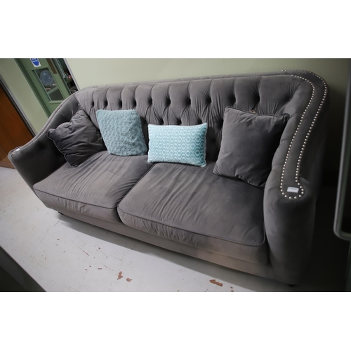 932 - Elegant Chesterfield style Settee in Grey Velour upholstery in very good condition. Measures approx ... 