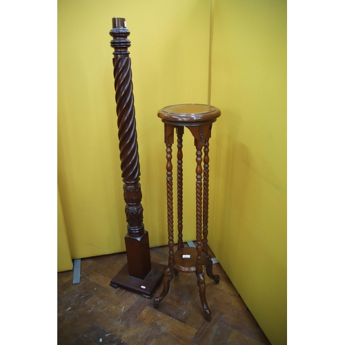 935 - Antique Turned Mahogany Lamp stand plus a smaller plant stand with turned legs, . See photos