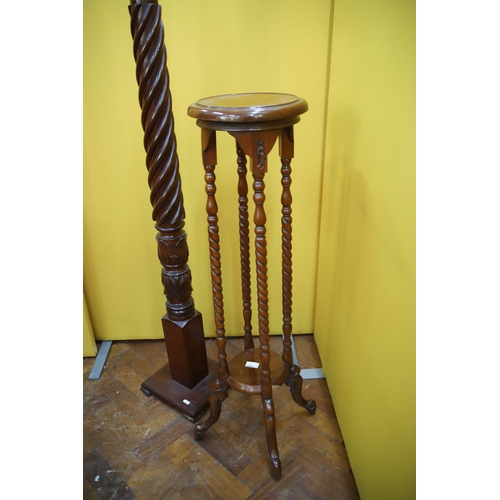 935 - Antique Turned Mahogany Lamp stand plus a smaller plant stand with turned legs, . See photos