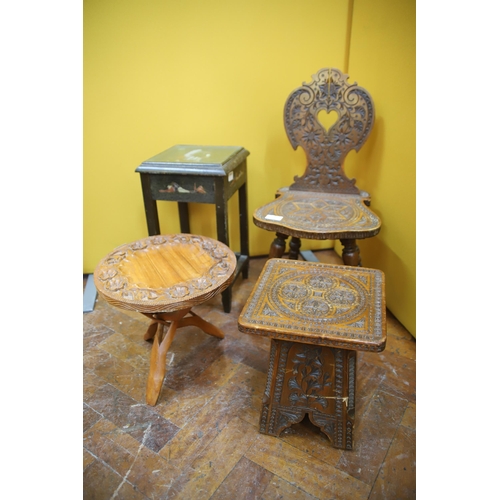 942 - Selection of Middle eastern carved tables and a chair together with Glass topped chinese table. See ... 