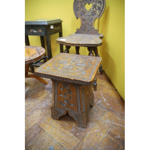 942 - Selection of Middle eastern carved tables and a chair together with Glass topped chinese table. See ... 