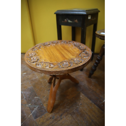 942 - Selection of Middle eastern carved tables and a chair together with Glass topped chinese table. See ... 