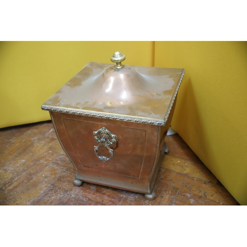 943 - Large Copper Coal or Log bin. 14 inches tall. Missing one handle .  See photos.