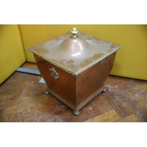 943 - Large Copper Coal or Log bin. 14 inches tall. Missing one handle .  See photos.