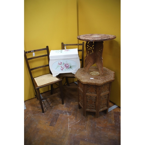 947 - Dealers lot of Two Parlour chairs with bergere seats, two eastern tables plus a small white painted ... 