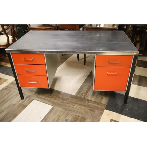 1248 - Vintage Industrial type Kneehold Desk with drawers to each side. Metal frame with Vinyl top ,  in ve... 