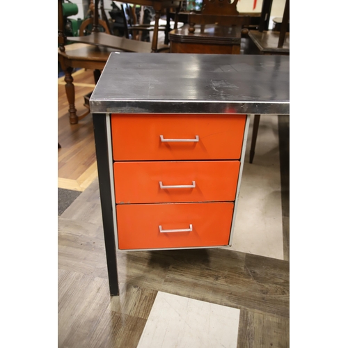 1248 - Vintage Industrial type Kneehold Desk with drawers to each side. Metal frame with Vinyl top ,  in ve... 