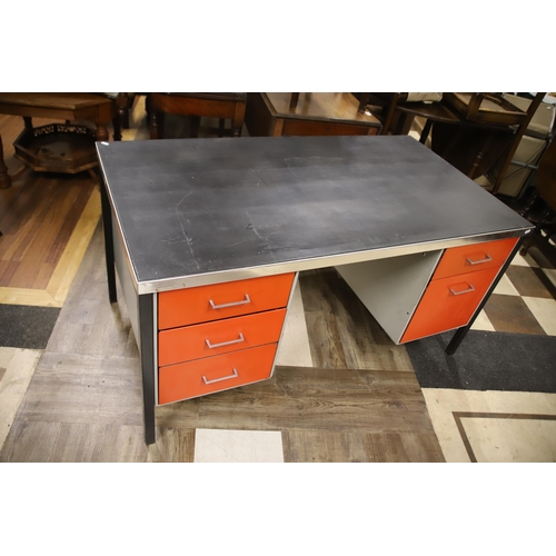 1248 - Vintage Industrial type Kneehold Desk with drawers to each side. Metal frame with Vinyl top ,  in ve... 